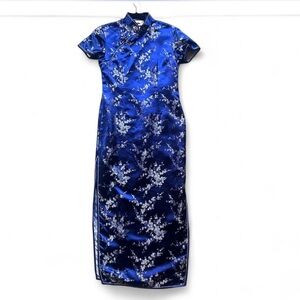 Classic Blue Satin Cheongsam Dress